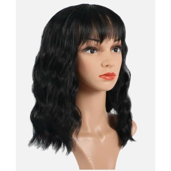 Black Wavy Bob Wig w/ Bangs – Natural-Looking Synthetic Hair, Heat-Resistant NEW - Picture 1 of 5